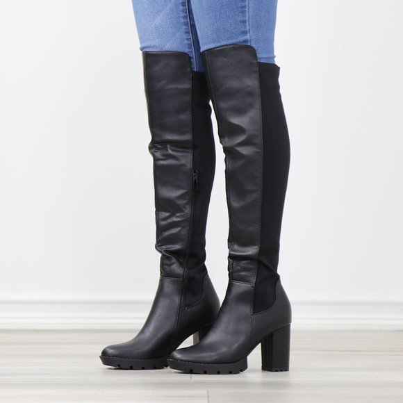 Black Faux Leather Round Toe Thigh High Over The Knee Lug Block Heel Boots - Picture 14 of 15